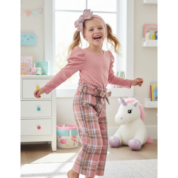 Toddler Girl Clothes,Girls Fashion Clothes Puff Sleeves Shirt Pants Headband 3Pc - Picture 2 of 7